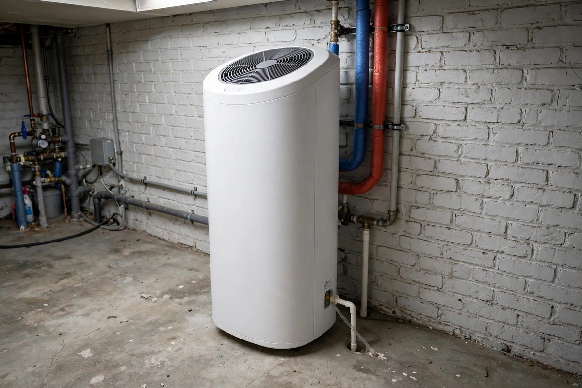 White heat pump water heater with a round fan grille against a painted brick basement wall