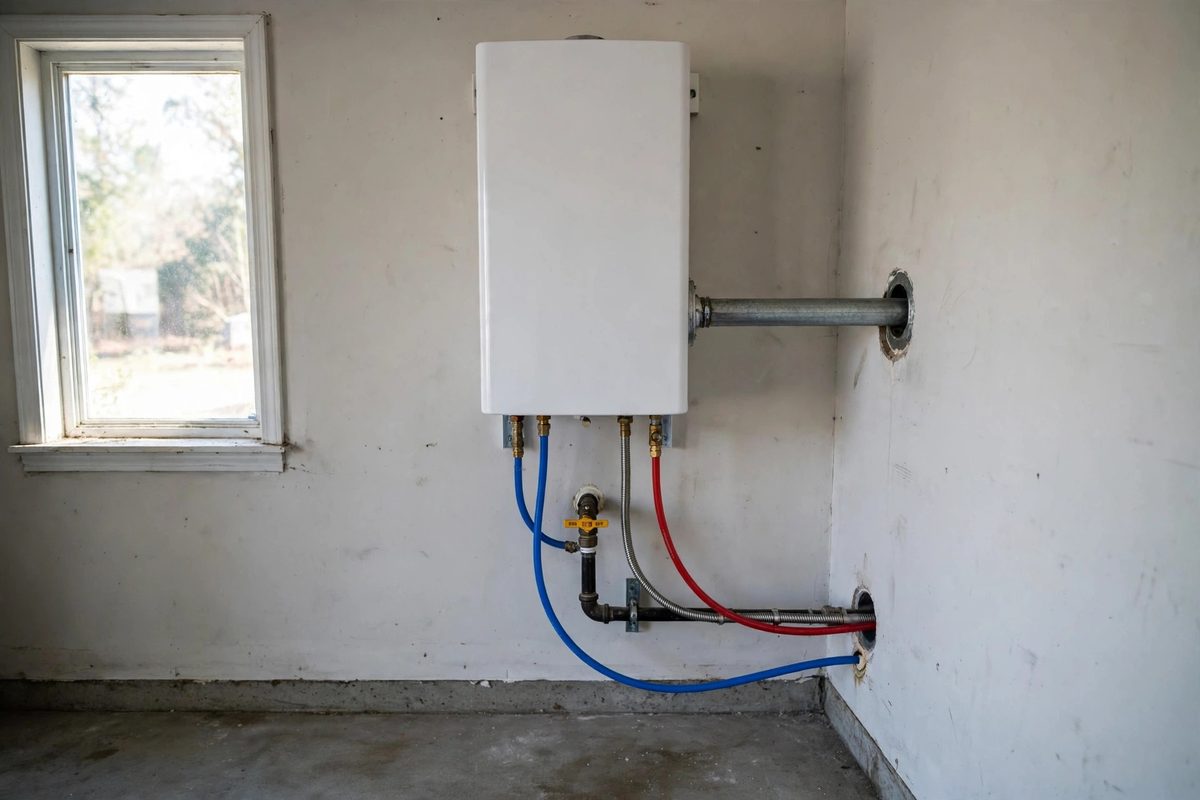 White tankless water heater mounted on a garage wall with red and blue PEX lines