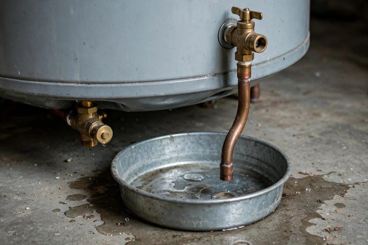 Leaking tank water heater drain valve dripping into a metal drain pan on concrete